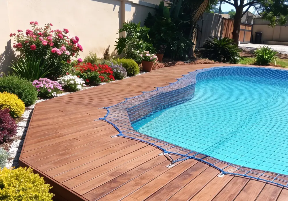 pool safety nets over wooden pool deck