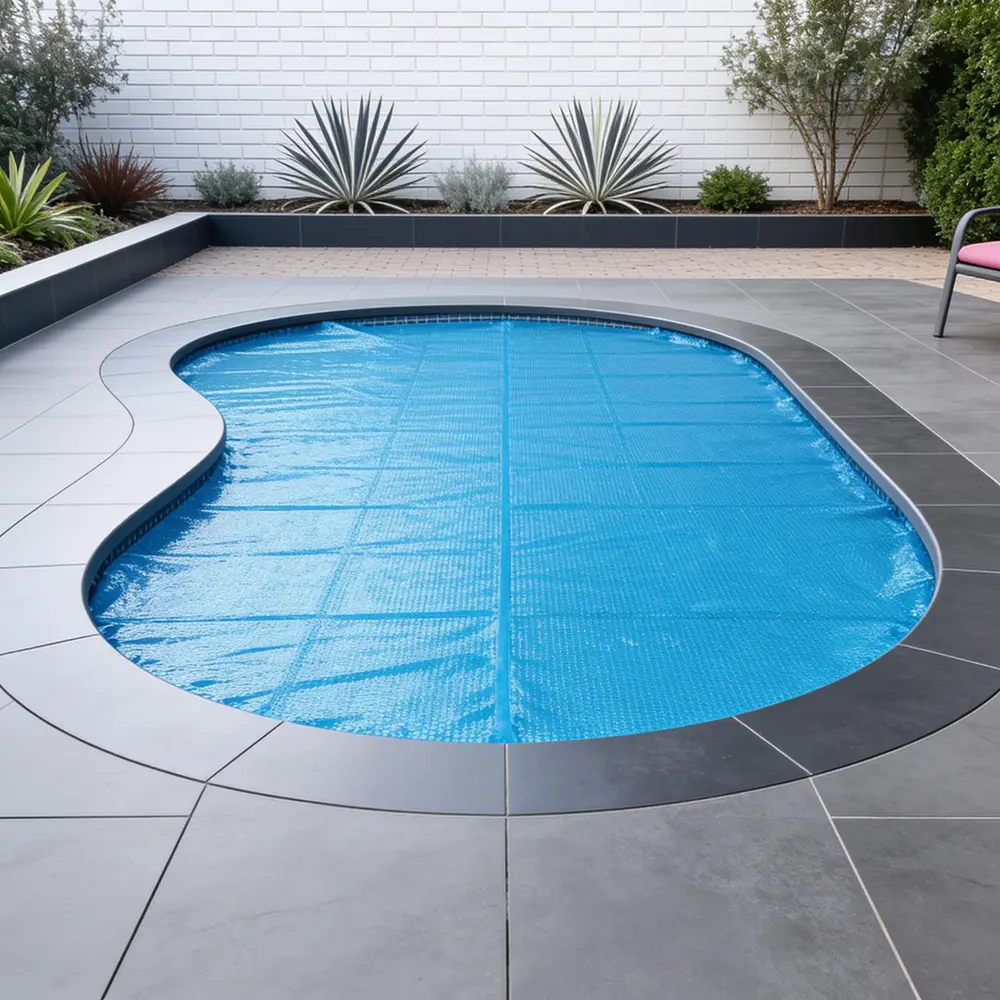 Solar pool cover fitted over a residential swimming pool