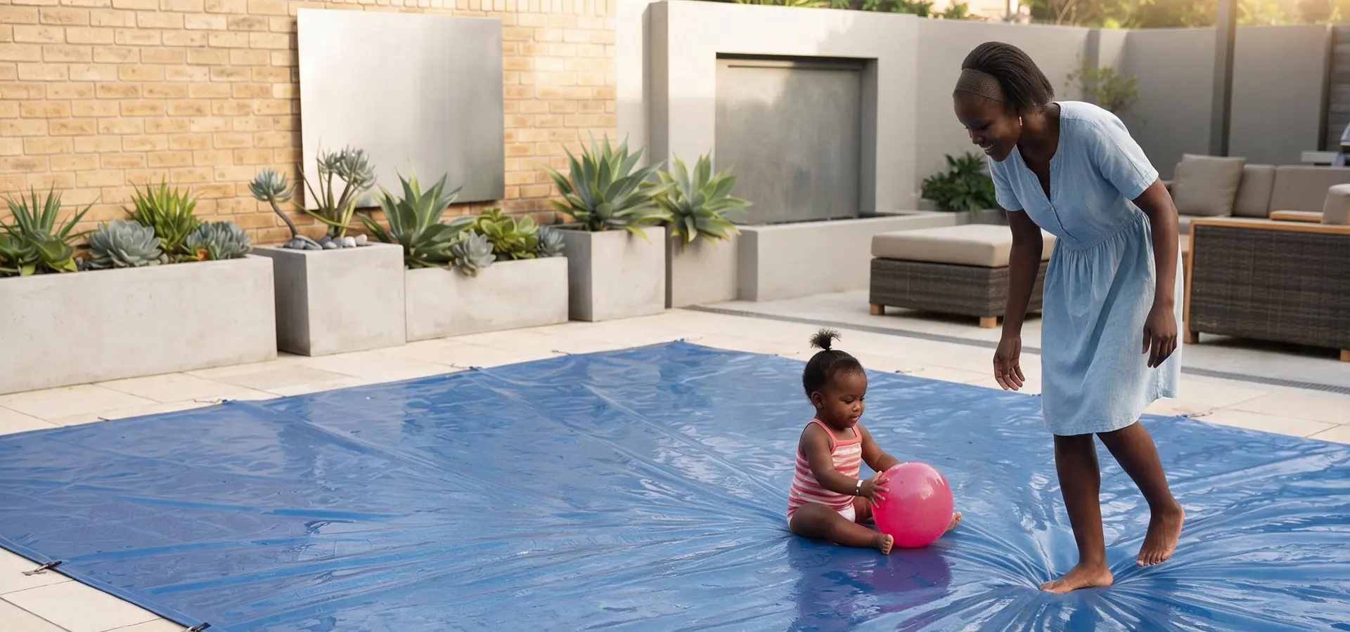 Pool safety cover protecting a family swimming pool